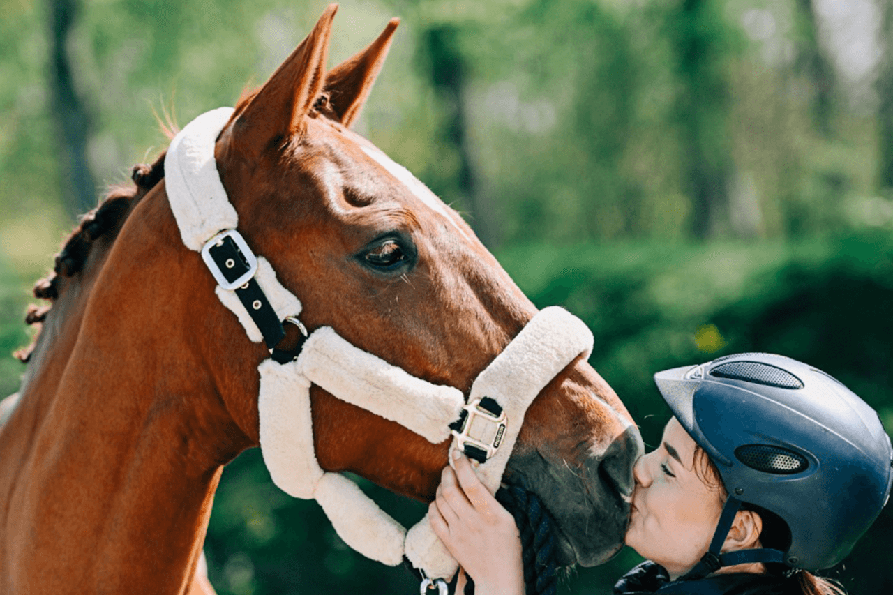 Tjej som pussar häst på nosen